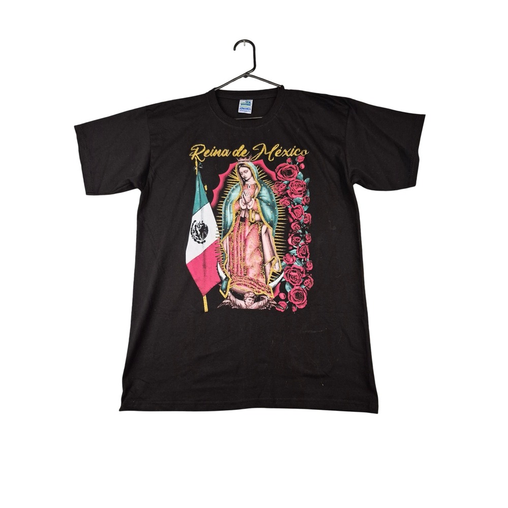 Mens Reina de Mexico Our Lady of Guadalupe Graphic T-Shirt Black Gold Glitter XL